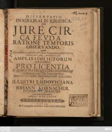 Dissertatio Inauguralis Iuridica, De Iure Circa Feuda Ratione Temporis Observando