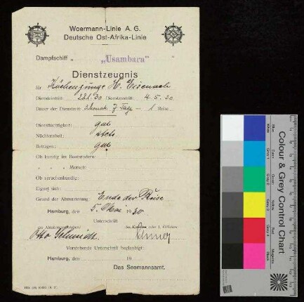 Harry Eisenach, Dienstzeugnis "Usambara"