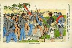 Uniformdarstellung, Gemeine, Unteroffiziere, Fahnenträger und Offiziere der Infanterie der Südstaaten, USA, 1862/1864.
