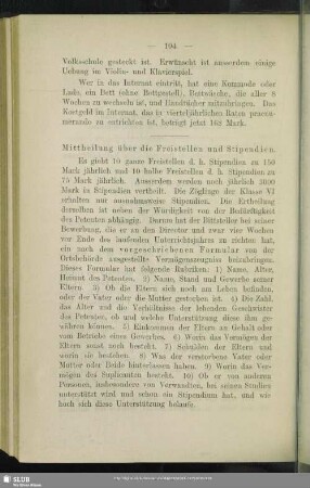 Mittheilung über die Freistellen und Stipendien