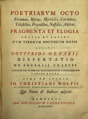 Poetriarvm Octo Erinnae, Myrus, Myrtidis, Corinnae, Telesillae, Praxillae, Nossidis, Anytae, Fragmenta Et Elogia : Graece et Latine Cvm Virorvm Doctorvm Notis