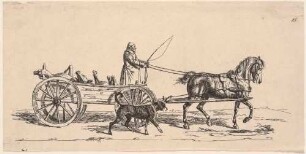 Einspänner mit Kutscher, auf dem Wagen liegen Esel (?)