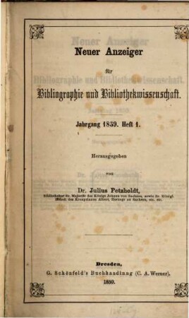 Neuer Anzeiger für Bibliographie und Bibliothekwissenschaft. 1859, 1859