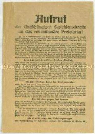 Flugblatt der USPD zur politischen Situation in Deutschland Anfang 1919 und Aufruf zum Beitritt