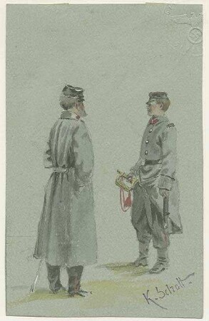 Offizier und Hornist in grauen Mänteln mit Mütze bzw. Horn, 1871
