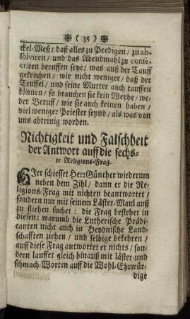 Richtigkeit und Falschheit der Antwort auff die sechste Religions Frag. - Richtigkeit und Falschheit der Antwort auff die zehende Religions Frag.