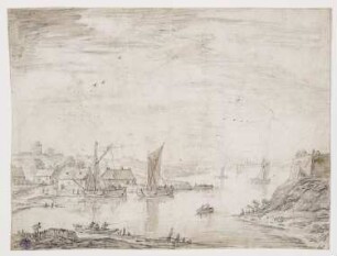 Hügelige Flußlandschaft mit Segelbooten