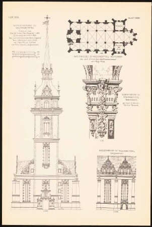 Marienkirche, Wolfenbüttel: Ansicht, Grundriss, Details (aus: Baukunst d. Renaissance in Deutschland, hrsg. v. Zeichenaussch. d. Stud. d. TH Berlin, 1875)