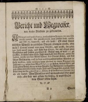 Bericht und Wegweiser, wie dieses Büchlein zu gebrauchen.