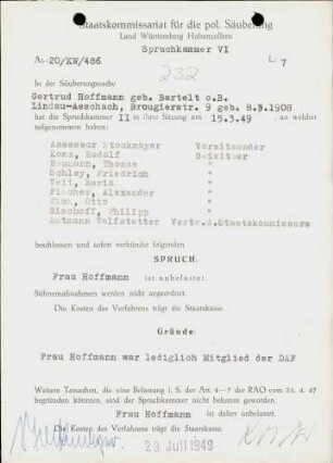 Hoffmann, Gertrud, geb. Bartelt o.B.