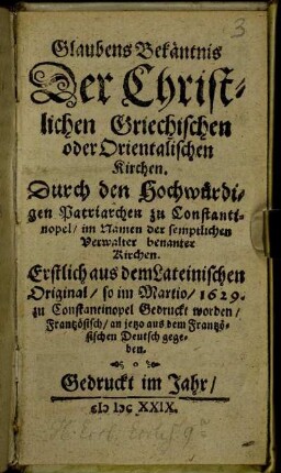 Glaubens Bekäntnis Der Christlichen Griechischen oder Orientalischen Kirchen