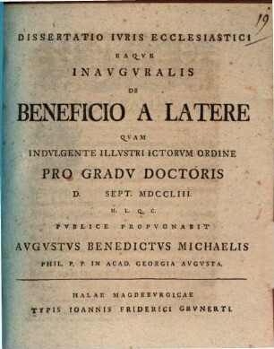 Dissertatio Ivris Ecclesiastici Eaqve Inavgvralis De Beneficio A Latere