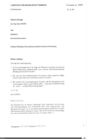Anfrage der Grünen: Geplante Pershing II - Atomraketenstandorte