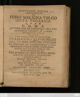 Disputatio Medica Inauguralis De Febre Maligna Vulgo Dicta Ungarica