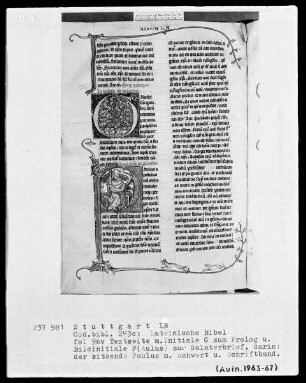 Lateinische Bibel, drei Bände — Initiale P (aulus) mit dem Apostel Paulus, Folio 96verso