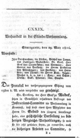 129. Sitzung, Stuttgart, 29.5.1816