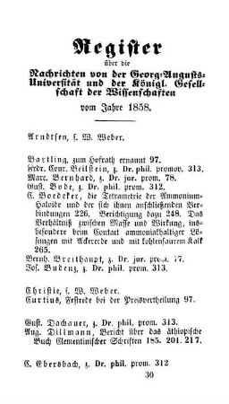 Register über die Nachrichten von der Georg=Augusts=Universität und der Königl. Gesellschaft der Wissenschaften vom Jahre 1858.