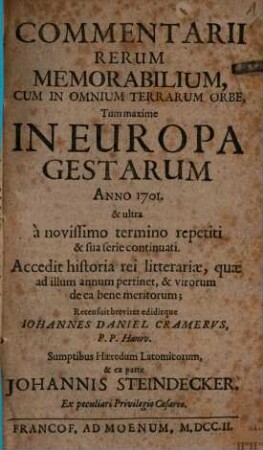 Commentarii rerum memorabilium : tum maxime in Europa gestarum ao. 1699