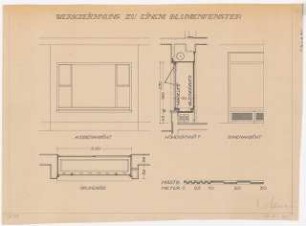Druckvorlagen / Garten Allinger, Berlin-Dahlem: Werkzeichnung zum Blumenfenster: Grundriss, Ansichten, Schnitt, Maßstabsleiste