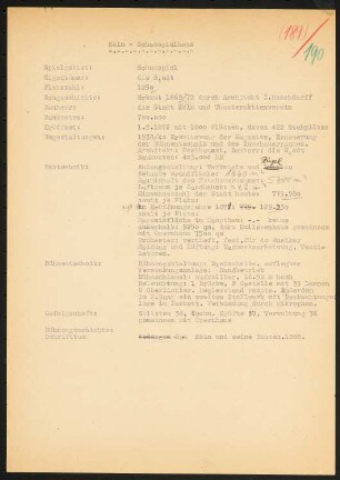 Schauspielhaus, Köln: Schriftstück zum Fragebogen für das Handbuch »Das Deutsche Theater«