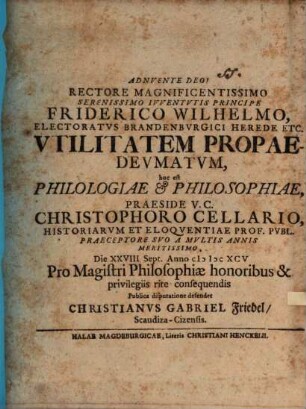 Vtilitatem propaedevmatvm, hoc est philologiae et philosophiae