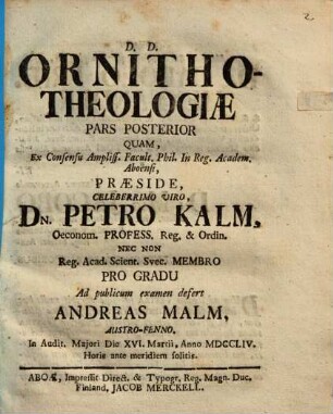 Diss. d. ornitho-theologiae pars posterior ... [exhibens]
