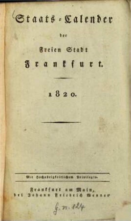 Staats-Kalender der Freien Stadt Frankfurt. 1820