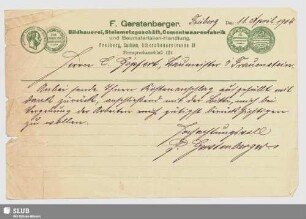 F. Gerstenberger, Bildhauerei, Steinmetzgeschäft, Cementwaarenfabrik und Baumaterialien-Handlung, Freiberg, Sachsen : Mitteilung