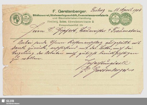 F. Gerstenberger, Bildhauerei, Steinmetzgeschäft, Cementwaarenfabrik und Baumaterialien-Handlung, Freiberg, Sachsen : Mitteilung