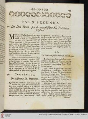Pars Secunda. De Deo Trino, seu de augustissimo SS. Trinitatis Mysterio
