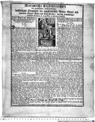 Marianische Erzbruderschaft des gnadenreichen, wunderwürkenden, hochheiligen Scapuliers der jungfräulichen Mutter Gottes und Himmels-Königin Mariä vom Ber Cormelo, bey den hochwürdigen regulirten Chorherrn S. Augustini in Beyrberg eingesetzt