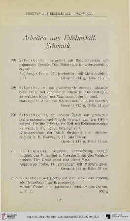 Arbeiten aus Edelmetall. Schmuck (Nr. 288-300)