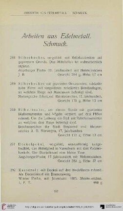 Arbeiten aus Edelmetall. Schmuck (Nr. 288-300)