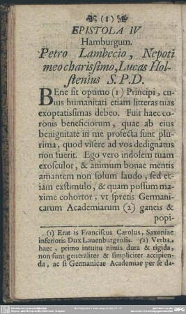 Epistola IV Hamburgum. Petro Lambecio, Nepoti meo charissimo, Lucas Holstenius S.P.D.