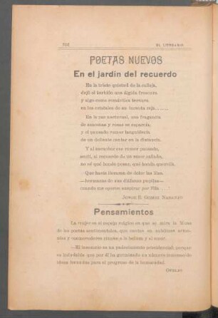 En el jardín del recuerdo : Poetas nuevos