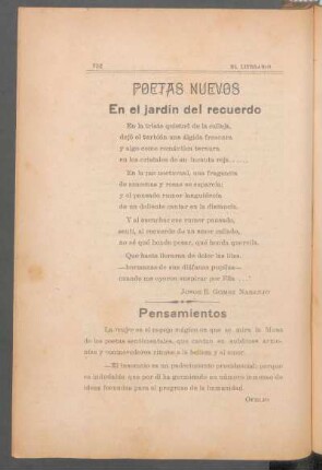 En el jardín del recuerdo : Poetas nuevos