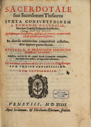 Sacerdotale, sive Sacerdotum Thesaurus iuxta consuetudinem S. romanae ecclesiae