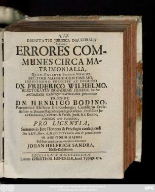 Disputatio Juridica Inauguralis Exhibens Errores Communes Circa Matrimonialia