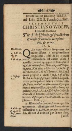 Disputatio Decima Tertia ad Lib. XXII. Pandectarum. Respondente Christiano Wolff, Glückst. Holsato.