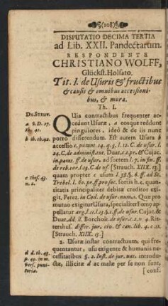 Disputatio Decima Tertia ad Lib. XXII. Pandectarum. Respondente Christiano Wolff, Glückst. Holsato.