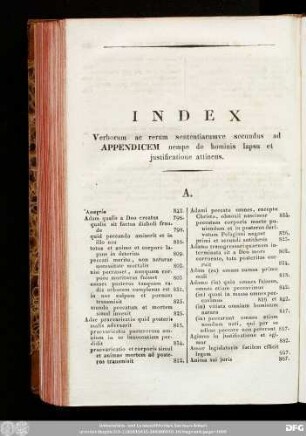Index Verborum ac rerum sententiarumve secundus ad Appendicem nempe de hominis lapsu et iustificatione attinens.
