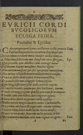 Euricii Cordi Bucolocorum Ecloga prima. - Ecloga X.