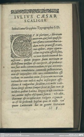 Iulius Caesar Scaliger, Sebastiano Gryphio Typographo S. D.