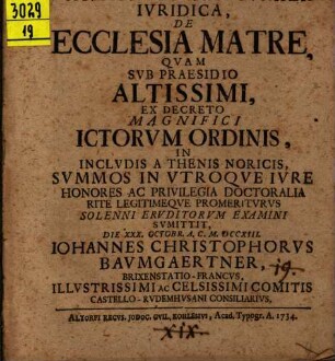 Dissertatio Inavgvralis Ivridica, De Ecclesia Matre