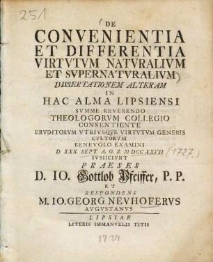 De Convenientia Et Differentia Virtutum Naturalium Et Supernaturalium : Dissertationem Alteram in ...