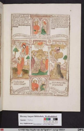 Drei biblische Szenen umgeben von vier Propheten. Links die Entrückung Henochs, mittig Christi Himmelfahrt, rechts der Prophet Elias fährt zum Himmel auf.
