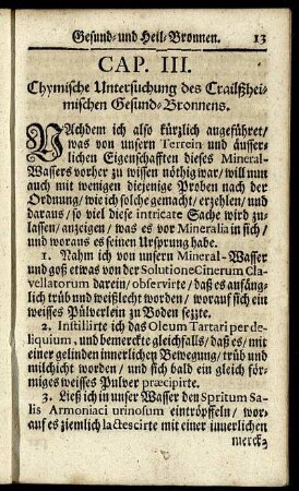 Cap. III. Chymische Untersuchung des Crailßheimischen Gesund-Bronnens.