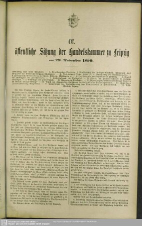 CC. öffentliche Sitzung der Handelskammer zu Leipzig am 29. November 1890