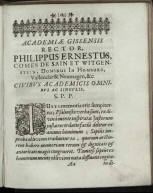 Academiæ Gissensis Rector Philippus Ernestus, Comes De Saint Et Witgenstein, Dominus In Homburg, Vallendar & Neumagen, & c.