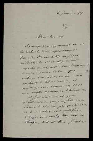 Nr. 2: Brief von Camille Jordan an Felix Klein, Ohne Ort, 6.1.1879